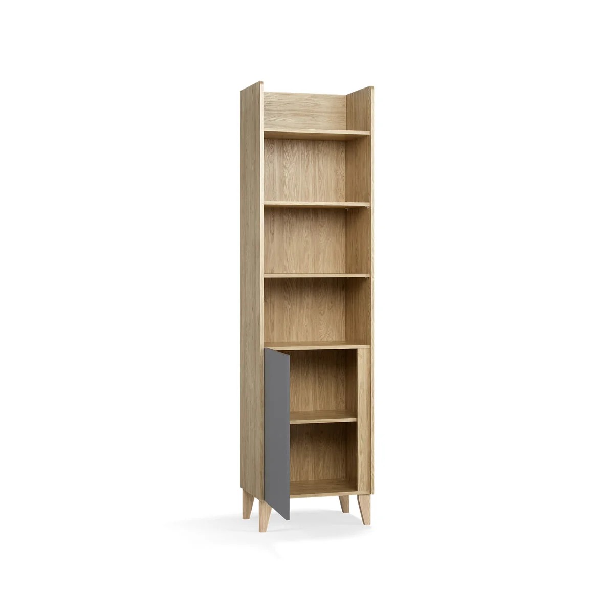 Bueherregal_Kinderzimmer_schmal_Muve_graphit_mit_geöffneten_Tueren