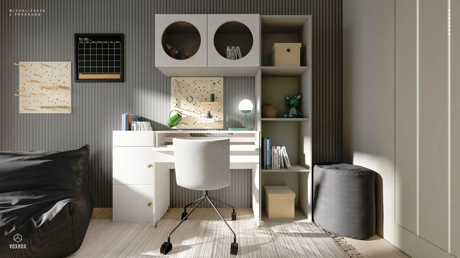 Reli Jugendzimmer mit verschiedenen Stauraum-Lösungen