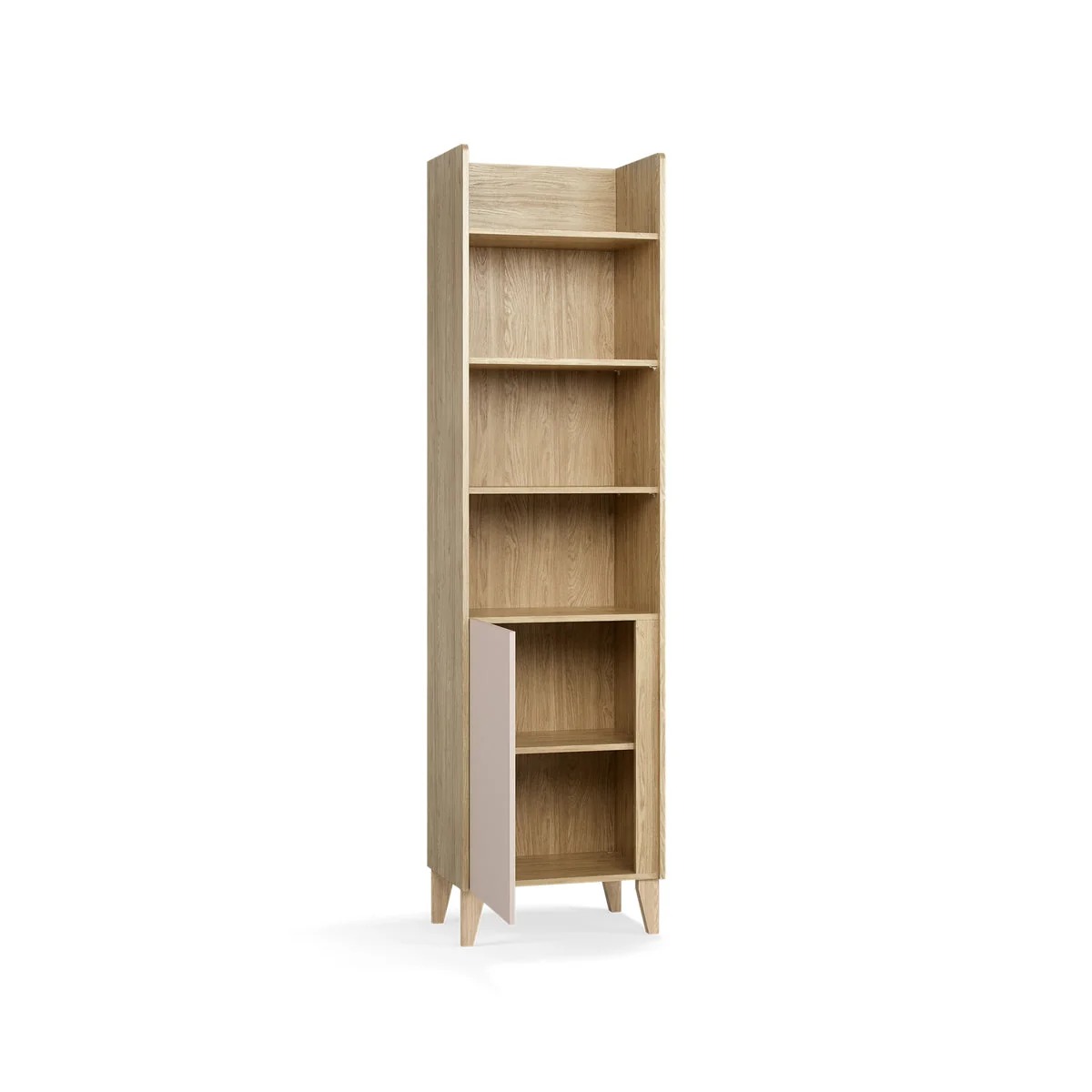 Bueherregal_Kinderzimmer_schmal_Muve_beige-tuer-geoeffnet